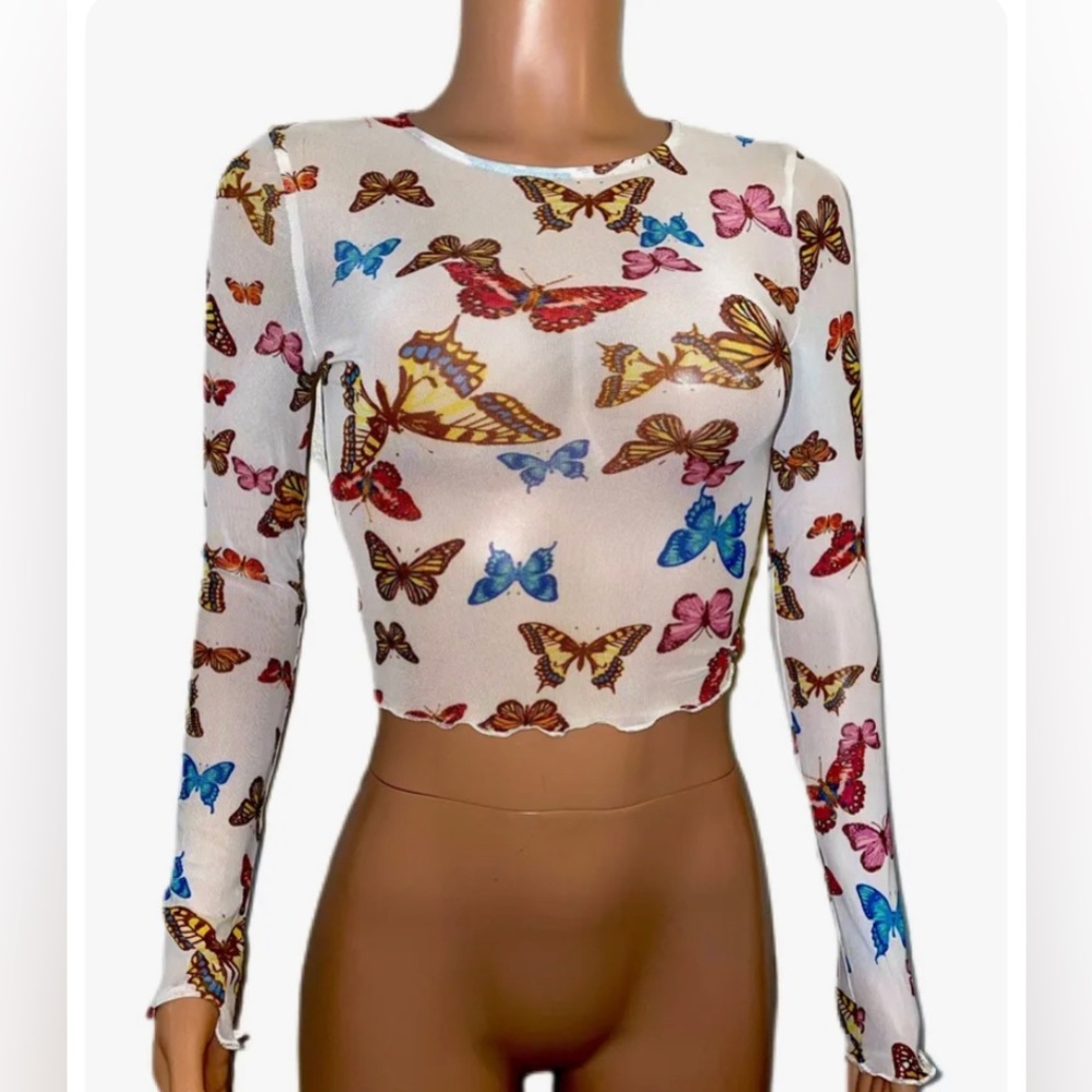 Sexy Bright Butterfly Grunge Raver Butterflies Sheer stretchy Mesh Top New BOHO